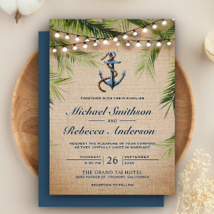 Invitación Rústica Burlap Palm Tropical Deja Boda de Anclaje