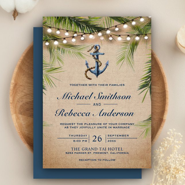 Invitación Rústica Burlap Palm Tropical Deja Boda de Anclaje (Subido por el creador)