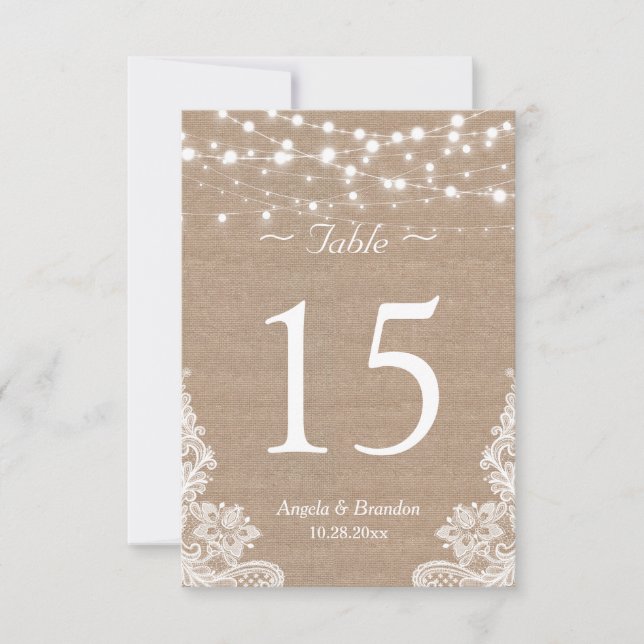 Invitación Rústica Burlap String Lights Lace Table Number (Anverso)