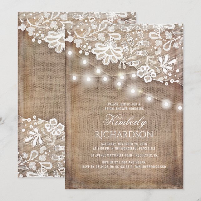 Invitación Rústica Burlap String Luces Lace Bridal Shower (Anverso / Reverso)
