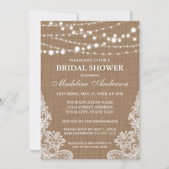 Invitación Rústica Burlap String Luces Lace Bridal Shower (Anverso)