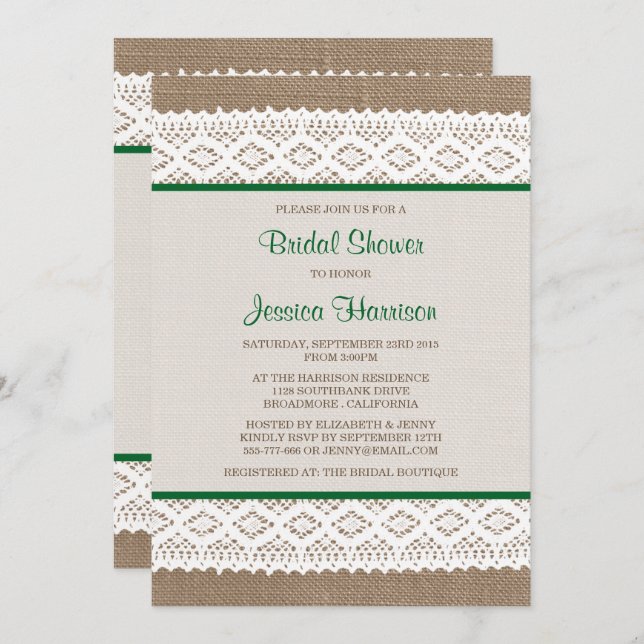 Invitación Rústica Burlap & Vintage White Lace Brillante Duch (Anverso / Reverso)