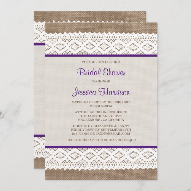 Invitación Rústica Burlap & Vintage White Lace Brillante Duch (Anverso / Reverso)
