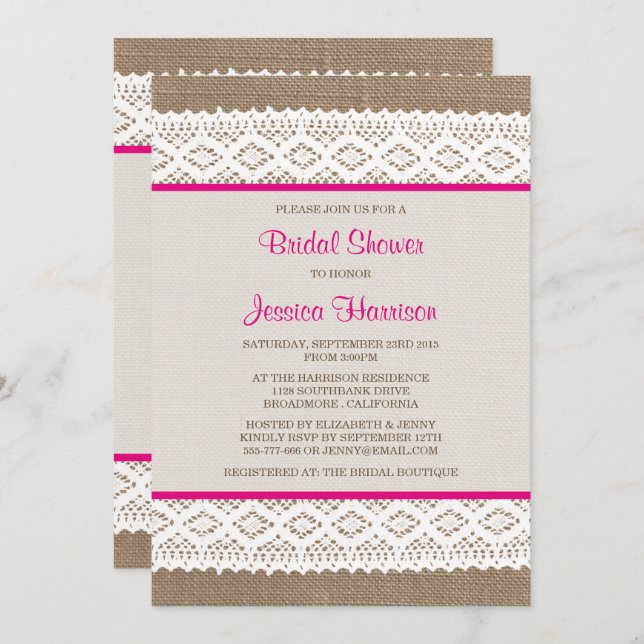 Invitación Rústica Burlap & Vintage White Lace Brillante Duch (Anverso / Reverso)