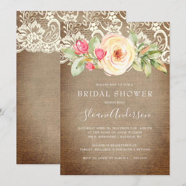 Invitación Rústica Burlap y ducha matrimonial de encaje (Anverso / Reverso)