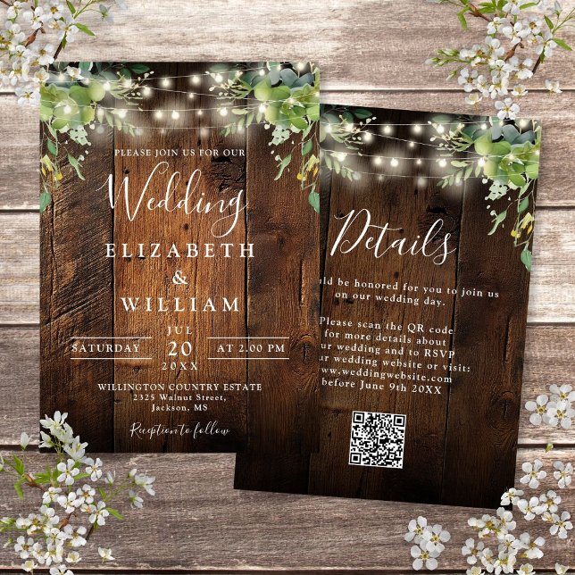 Invitación Rústica Cadena de Madera Ilumina Verdor Boda de có (Rustic Wood String Lights Greenery QR Code Wedding Invitation)