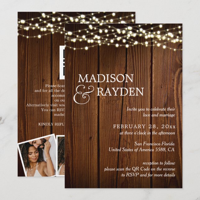 Invitación Rústica Cadena de Madera Luces 3 Fotos Boda de cód (Anverso / Reverso)