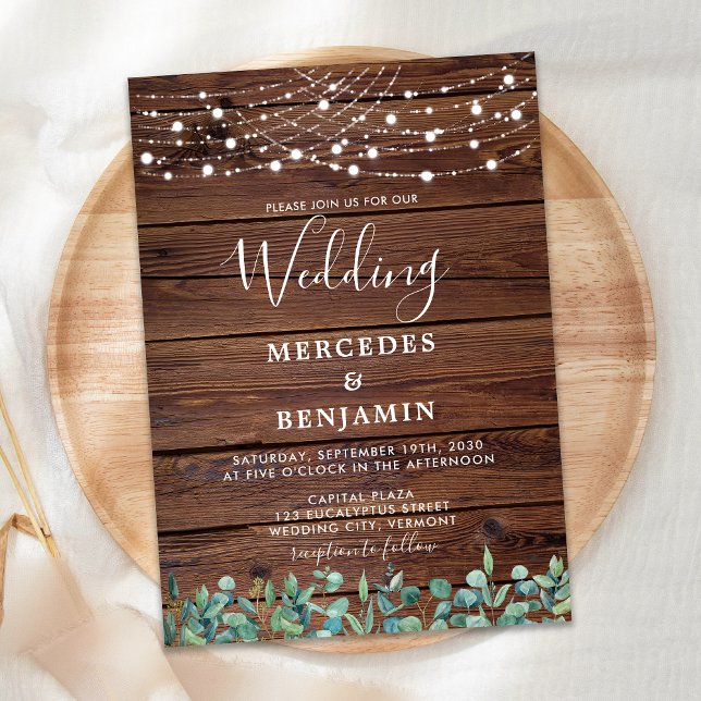 Invitación Rústica cadena de verdor ilumina el Boda de madera (Subido por el creador)