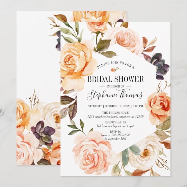 Invitación Rústica Caída Acuarela Floral Ducha De Novias (Anverso / Reverso)