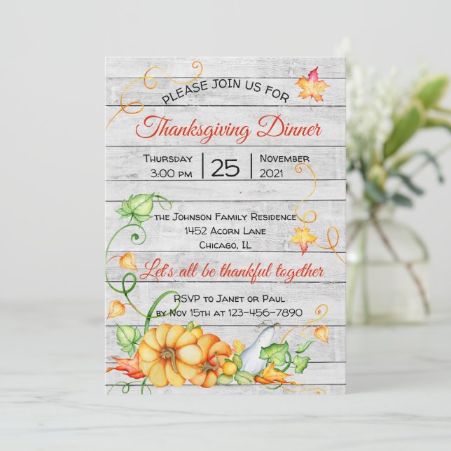 Invitación Rústica caída Calabaza Floral Acción de Gracias Ce (Anverso de pie)