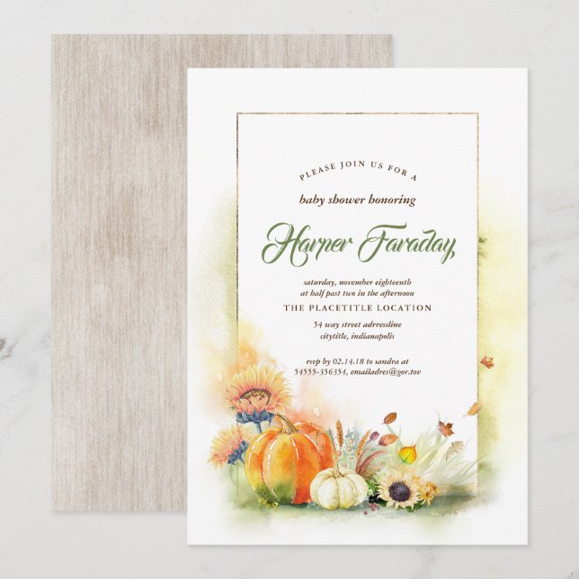 Invitación Rústica caída cosecha Calabaza Girasol Baby Shower (Anverso / Reverso)