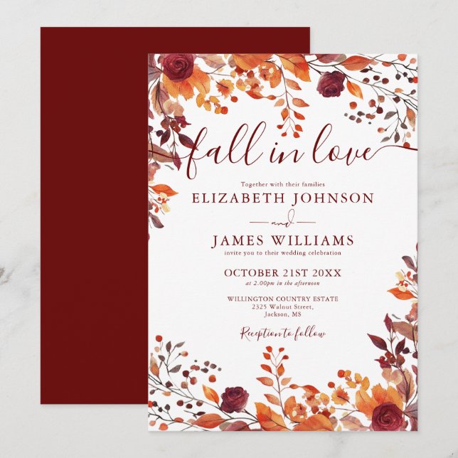 Invitación Rústica caída de Borgoña en el amor Boda floral de (Anverso / Reverso)