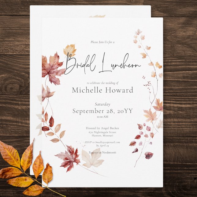 Invitación Rústica caída de borgoña y roya deja almuerzo de n (Rustic Burgundy & Rust Fall Leaves Bridal Luncheon Invitation)