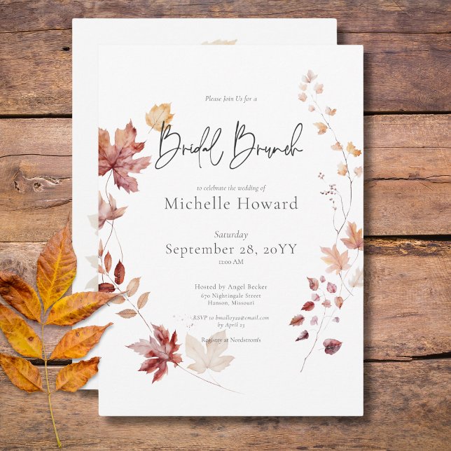 Invitación Rústica caída de borgoña y roya deja brunch de nov (Rustic Burgundy & Rust Fall Leaves Bridal Brunch Invitation)