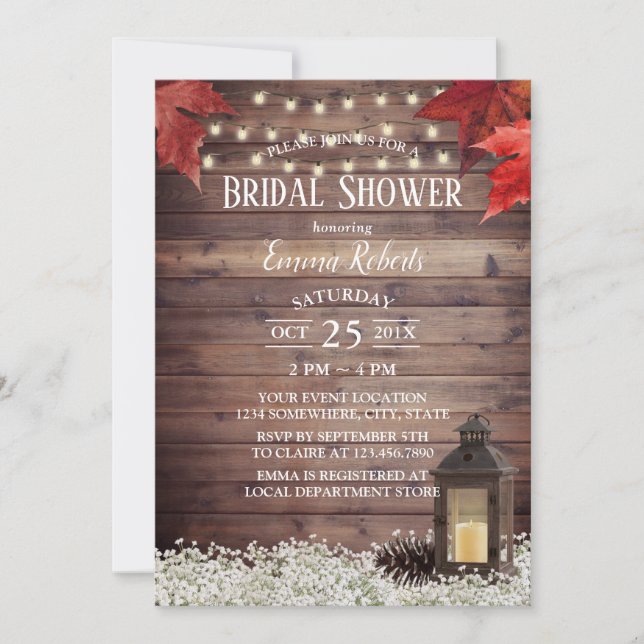 Invitación Rústica caída de linterna otoñal boda ducha de nov (Anverso)