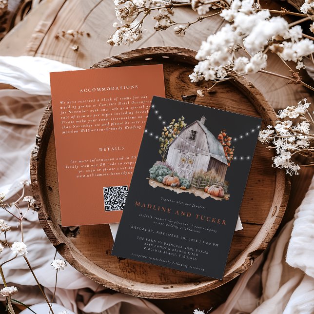 Invitación Rústica caída de un granero de campo enciende todo (Fall Country Barn All in One Wedding Invitation)