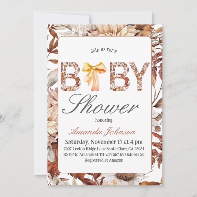 Invitación Rústica caída enmarcada con Baby Shower Brown Bow (Anverso)