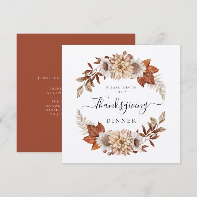 Invitación Rústica caída floral Día de Acción de Gracias Plaz (Anverso / Reverso)