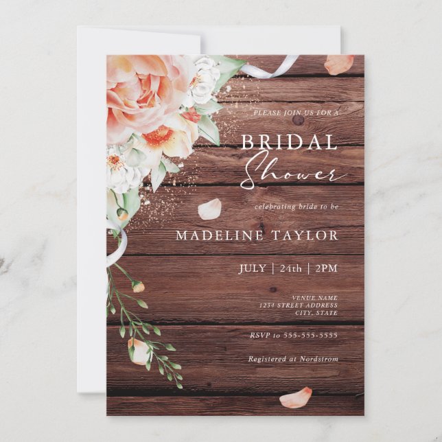 Invitación Rústica Caída Madera y Floral Peach Floral Bridal  (Anverso)