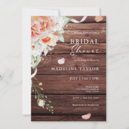 Invitación Rústica Caída Madera y Floral Peach Floral Bridal 