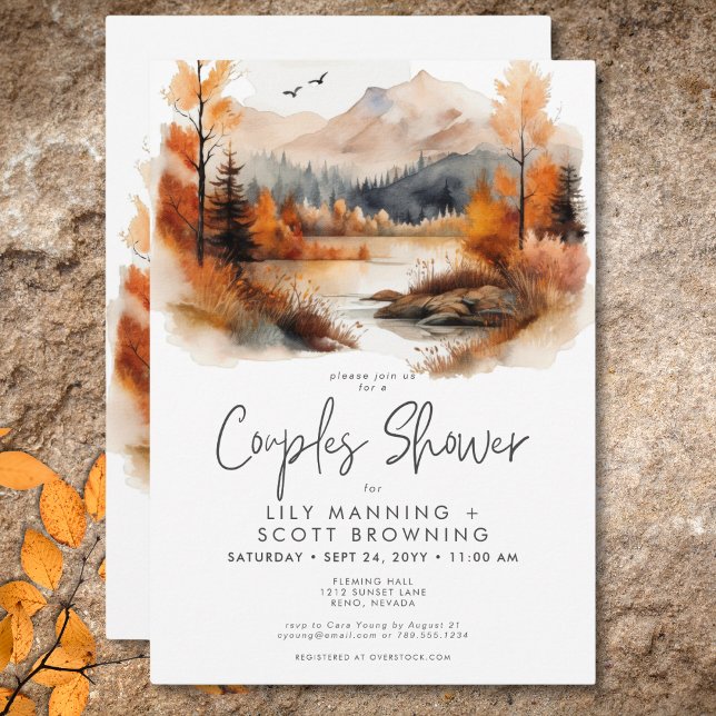 Invitación Rústica Caída Montaña Acuarela Ducha Parejas (Rustic Fall Mountain Scene Watercolor Couples Shower Invitation)