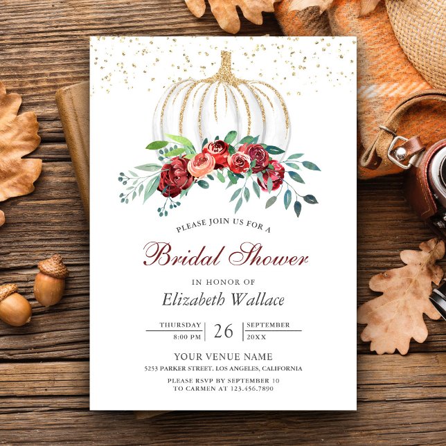 Invitación Rústica Calabaza Blanca Borgoña Floral Bridal Show (Subido por el creador)