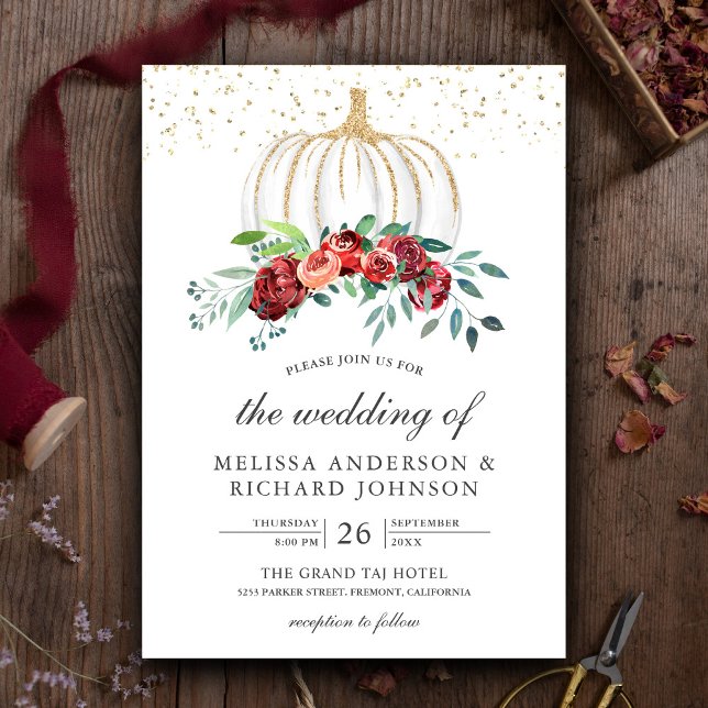 Invitación Rústica Calabaza Blanca Borgoña Floral Fall Weddin (Subido por el creador)