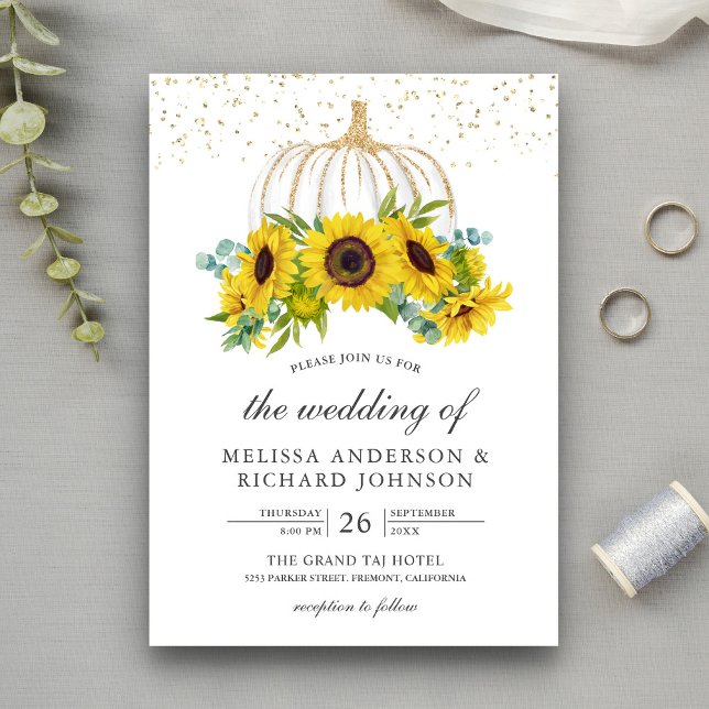 Invitación Rústica calabaza blanca girasoles caída Boda (Subido por el creador)