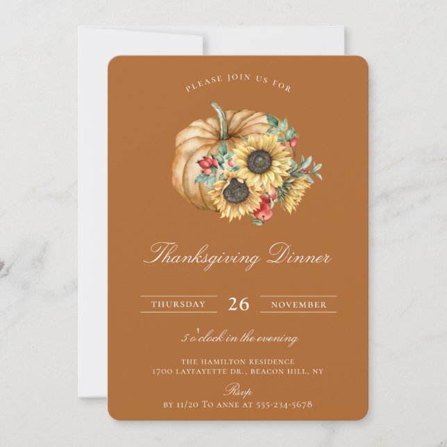 Invitación Rústica calabaza Floral Día de Acción de Gracias (Anverso)