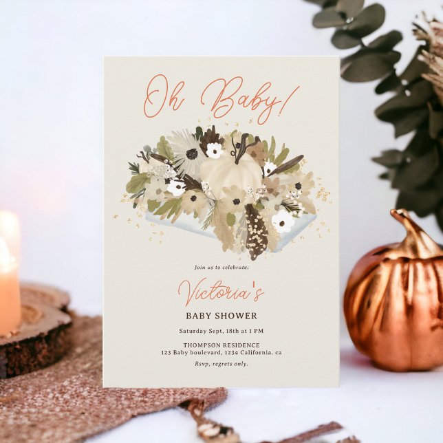 Invitación Rústica calabaza floral neutra Oh ducha de bebé (Rustic pumpkin floral neutral Oh baby shower Invitation on beige)