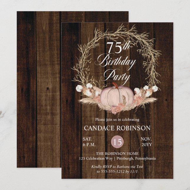 Invitación Rústica Calabaza Pampas Fiesta de Cumpleaños 75 (Anverso / Reverso)