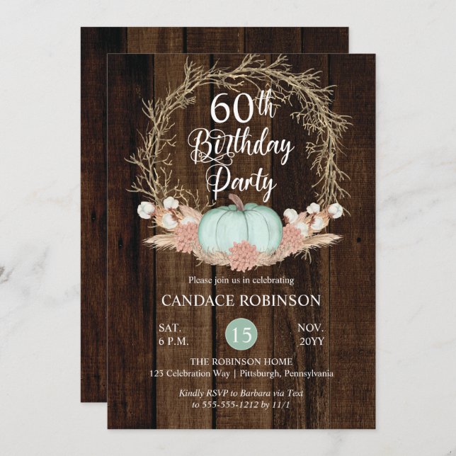 Invitación Rústica Calabaza Pampas Fiesta de cumpleaños númer (Anverso / Reverso)