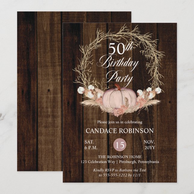 Invitación Rústica Calabaza Pampas Fiesta de cumpleaños númer (Anverso / Reverso)