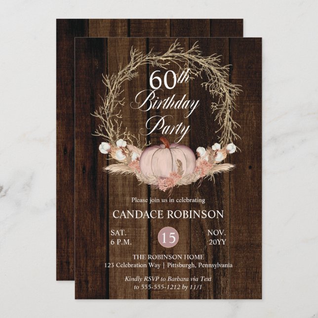Invitación Rústica Calabaza Pampas Fiesta de cumpleaños númer (Anverso / Reverso)