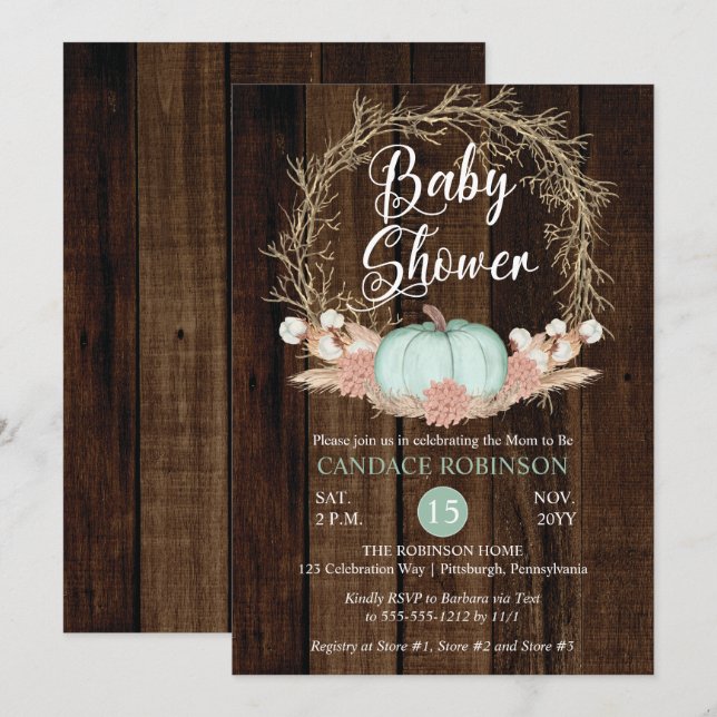 Invitación Rústica calabaza Pampas Wreath Boy Baby Shower (Anverso / Reverso)
