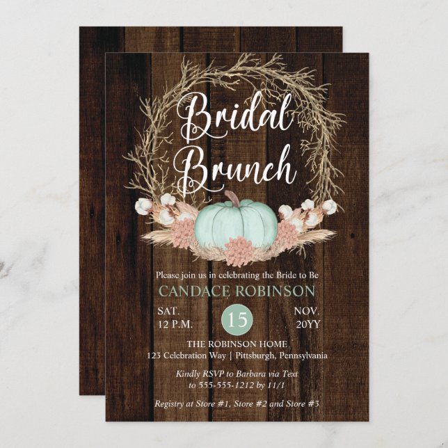 Invitación Rústica calabaza Pampas Wreath Bridal Bruntat Invi (Anverso / Reverso)