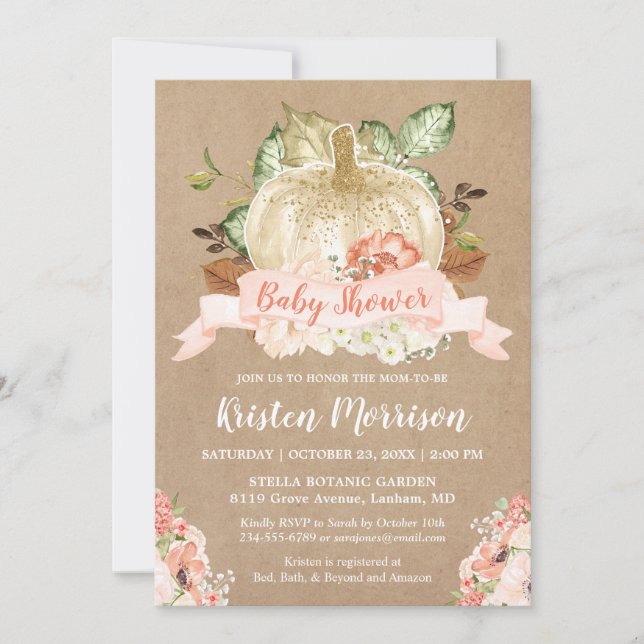 Invitación Rústica Calabaza Peach Floral Fall Baby Shower (Anverso)