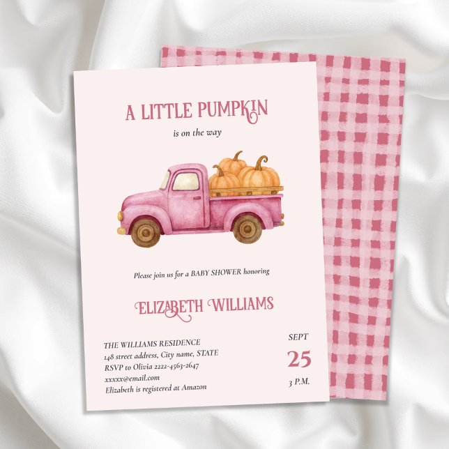 Invitación Rústica calabaza rosa Camión Baby Shower minimalis (A little pumpkin baby shower Invitation with Rustic Truck & Fall Charm)