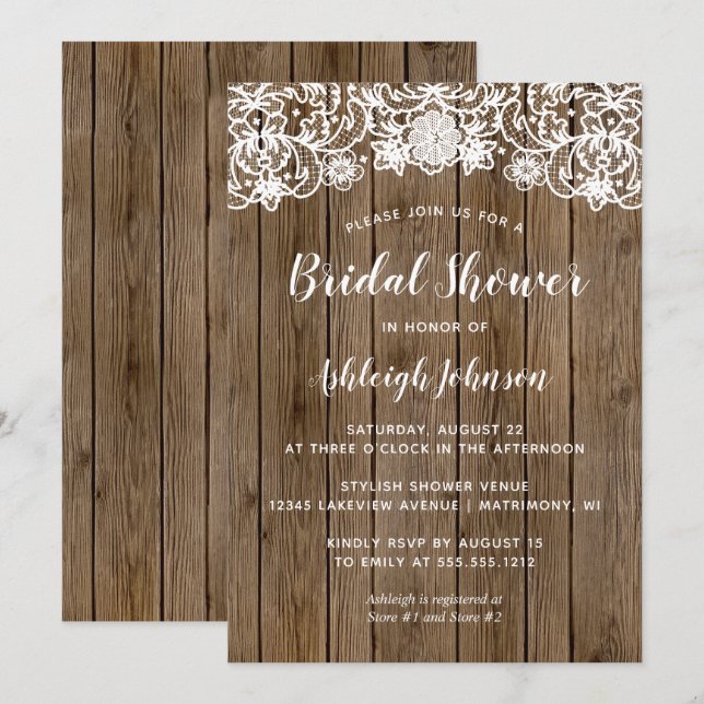 Invitación Rústica caligrafía de encaje de madera de grano de (Anverso / Reverso)