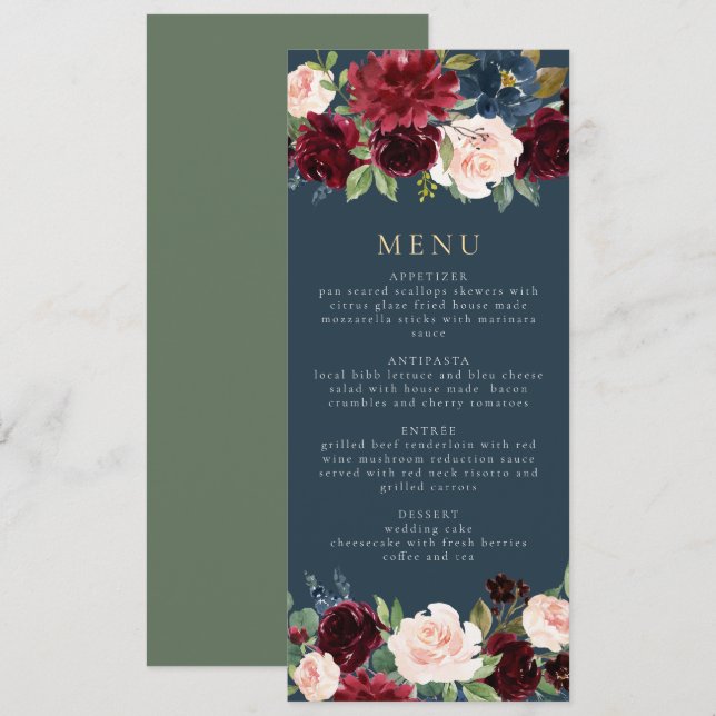 Invitación Rústica carta de cena floral de Borgoña y Marina (Anverso / Reverso)