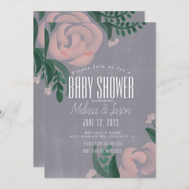 Invitación Rústica casa de campo Baby Shower rosa rosa gris f (Anverso / Reverso)
