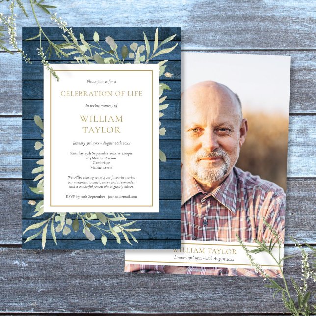 Invitación Rústica celebración de la vegetación del funeral d (Rustic Greenery Celebration of Life Photo Funeral Invitation)