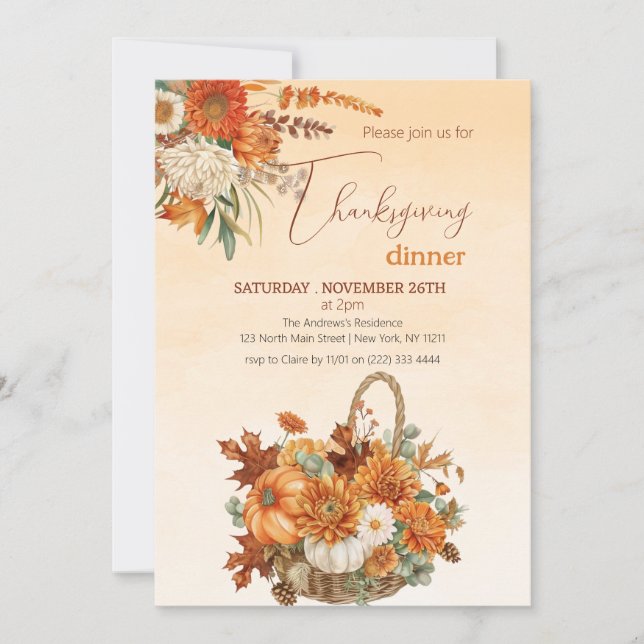Invitación Rústica cena de Acción de Gracias de Calabaza de O (Anverso)
