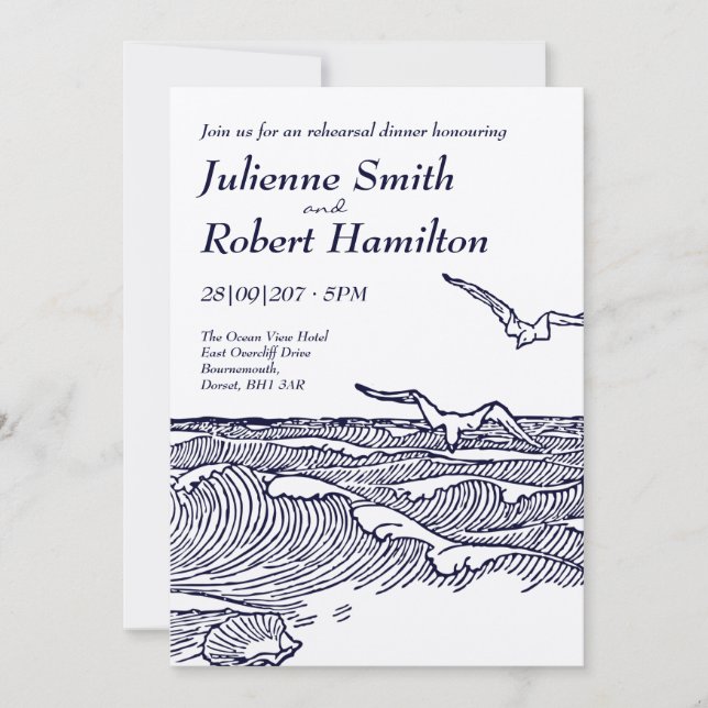 Invitación Rústica cena de bodas en playa (Anverso)