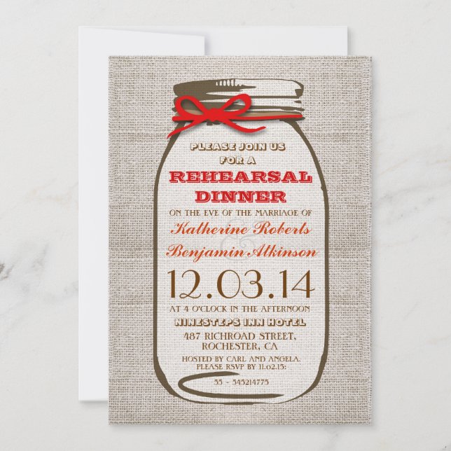 Invitación Rústica cena de ensayo de Burlap Mason Jar (Anverso)