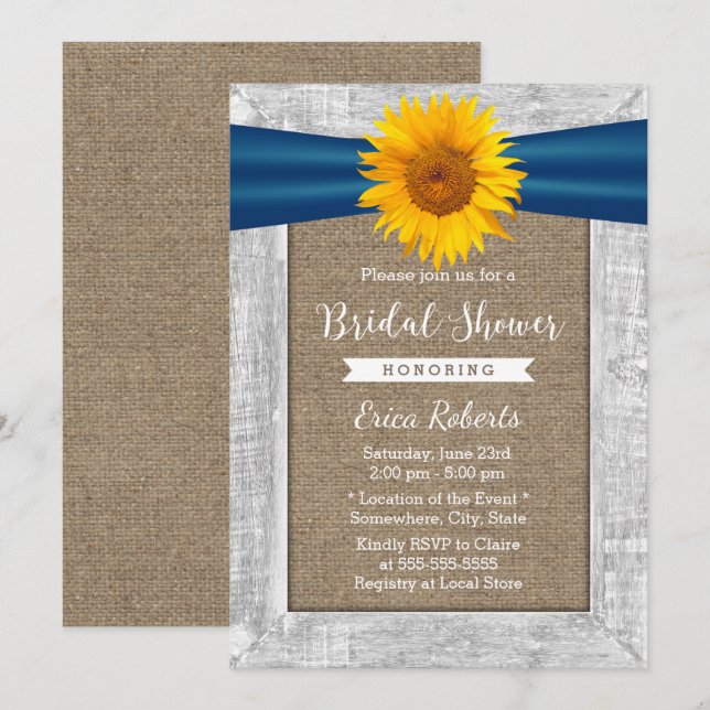Invitación Rústica Cinta de girasol de madera Burlap Ducha de (Anverso / Reverso)