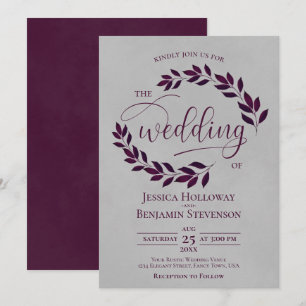 Invitación Rústica ciruela morada hojas elegantes Boda gris