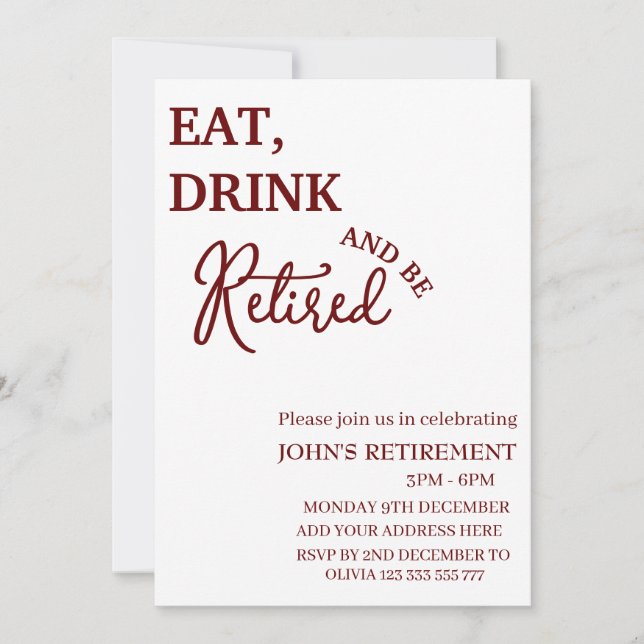 Invitación Rústica Comer, Beber Y Ser Retirado Gracioso Retir (Anverso)