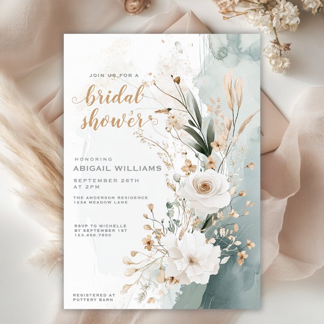 Invitación Rústica Costa Verde Oro Floral Bridal Ducha (Rustic Coastal Green Gold Floral Bridal Shower Invitation)