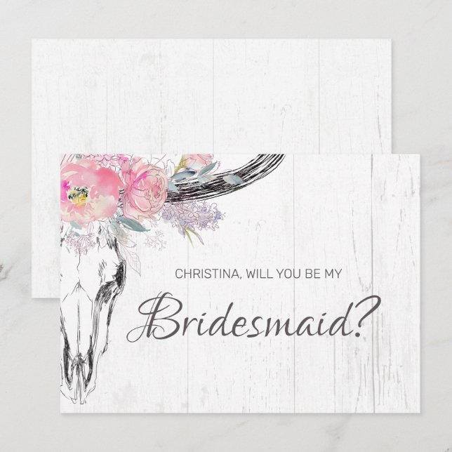 Invitación Rústica Cow Skull Boho Rubor Pink Floral Bridesmai (Anverso / Reverso)